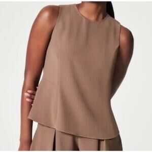 Spanx Carefree Crepe Peplum Tank Top Blouse Large Brown Cedar Workwear Classic